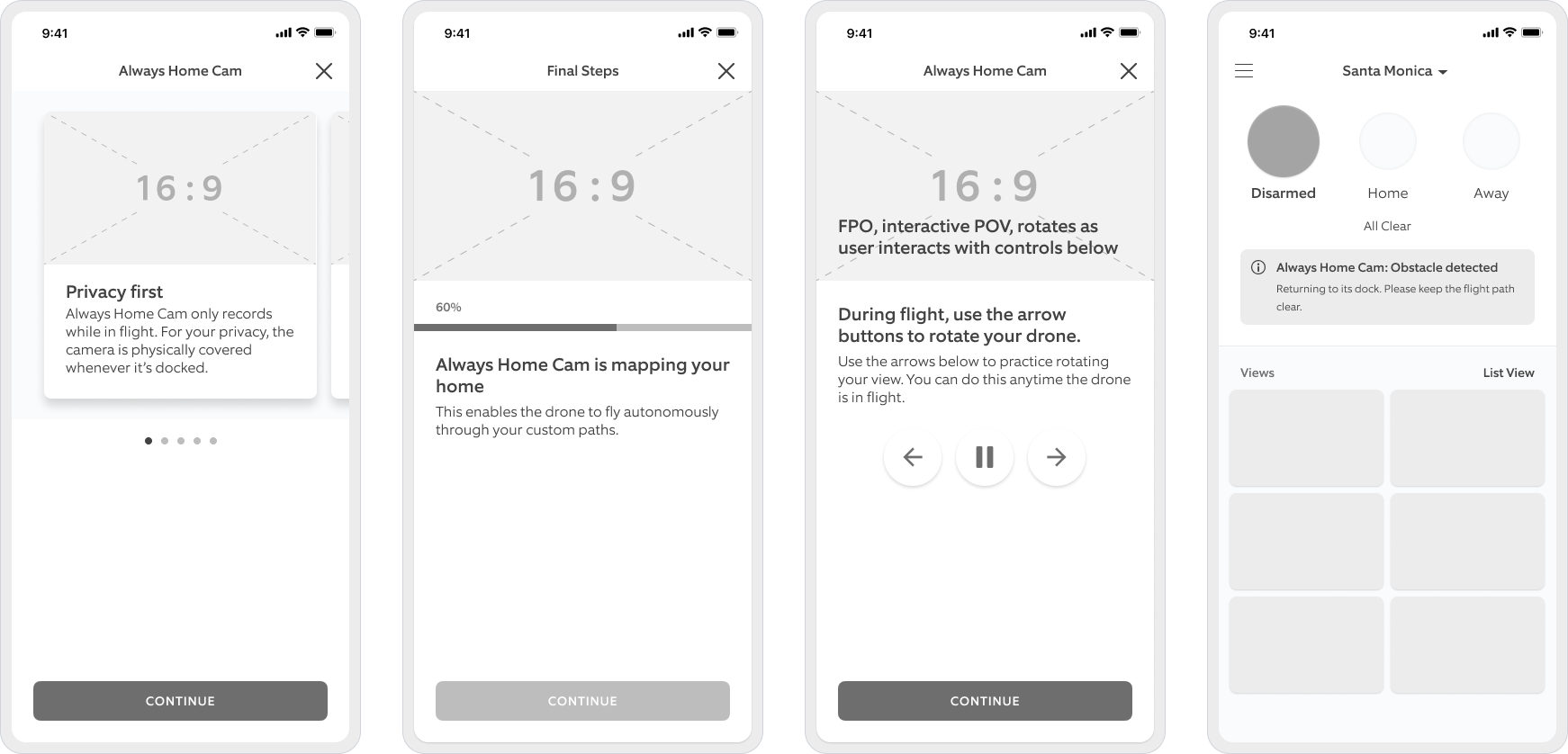 Four screens showing privacy-first setup, autonomous flight copy, onboarding controls, and error handling callout cards