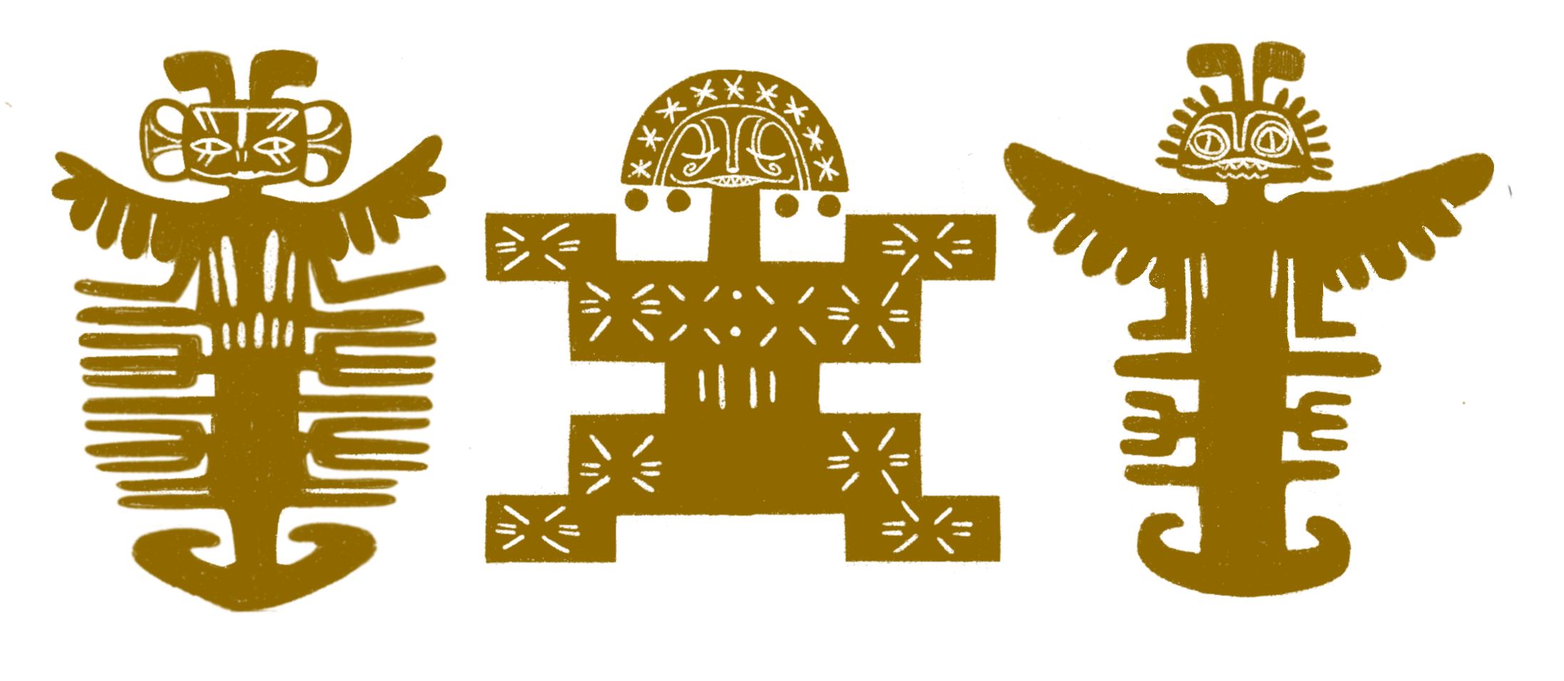 Three stylized pre-Hispanic figures in a golden ochre tone on a black background, inspired by Colombian indigenous iconography to reflect Juan Garizabalo's cultural identity and roots.