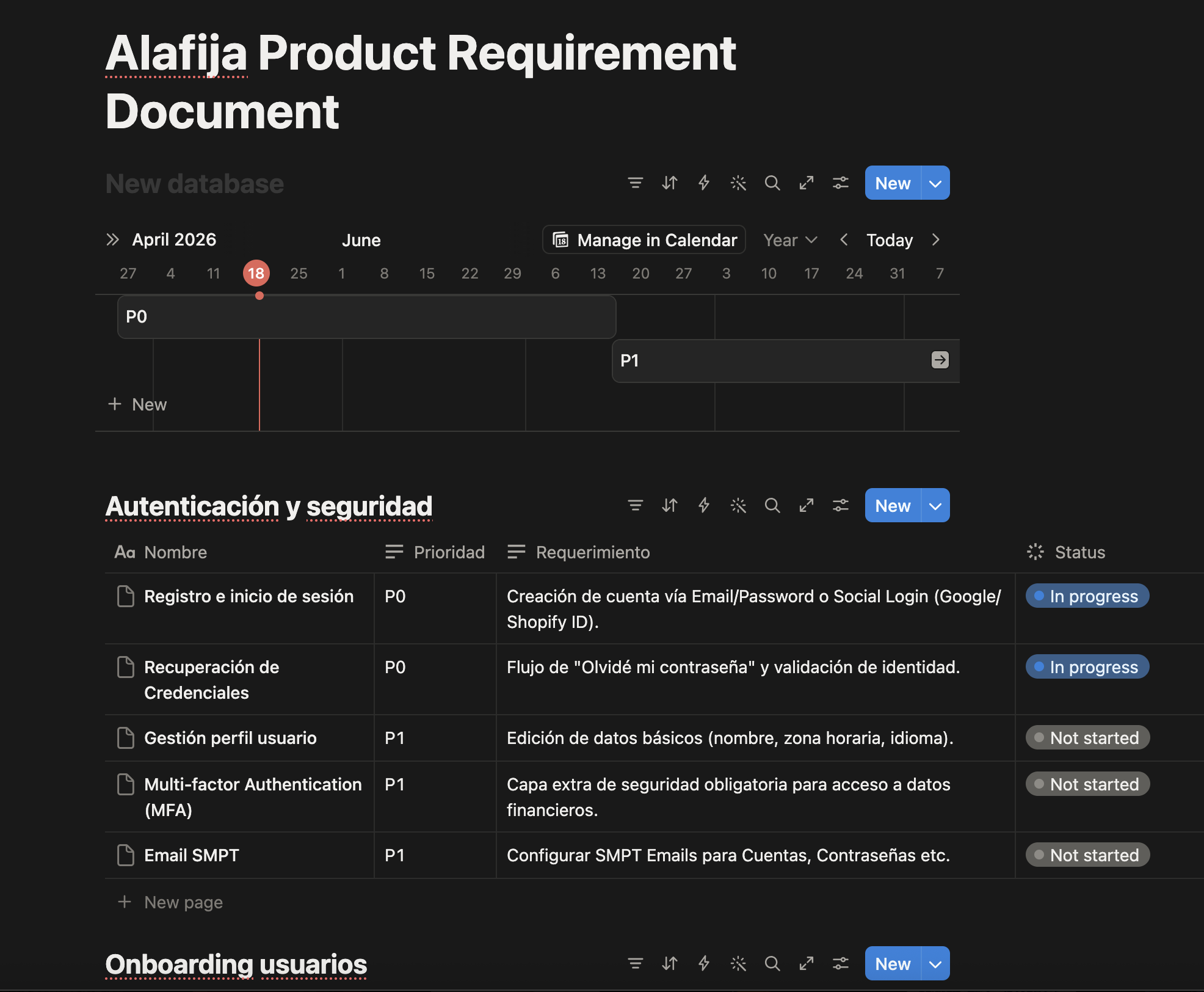 Screenshot of the Alafija PRD document showing product requirements and success metrics