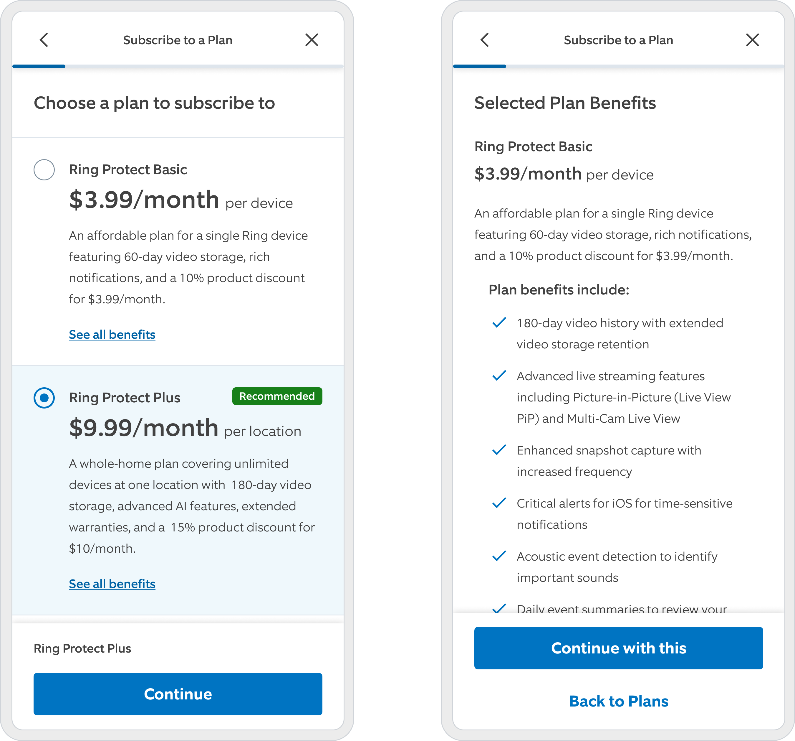 UI screenshot detailing the pre-redesign subscription flow