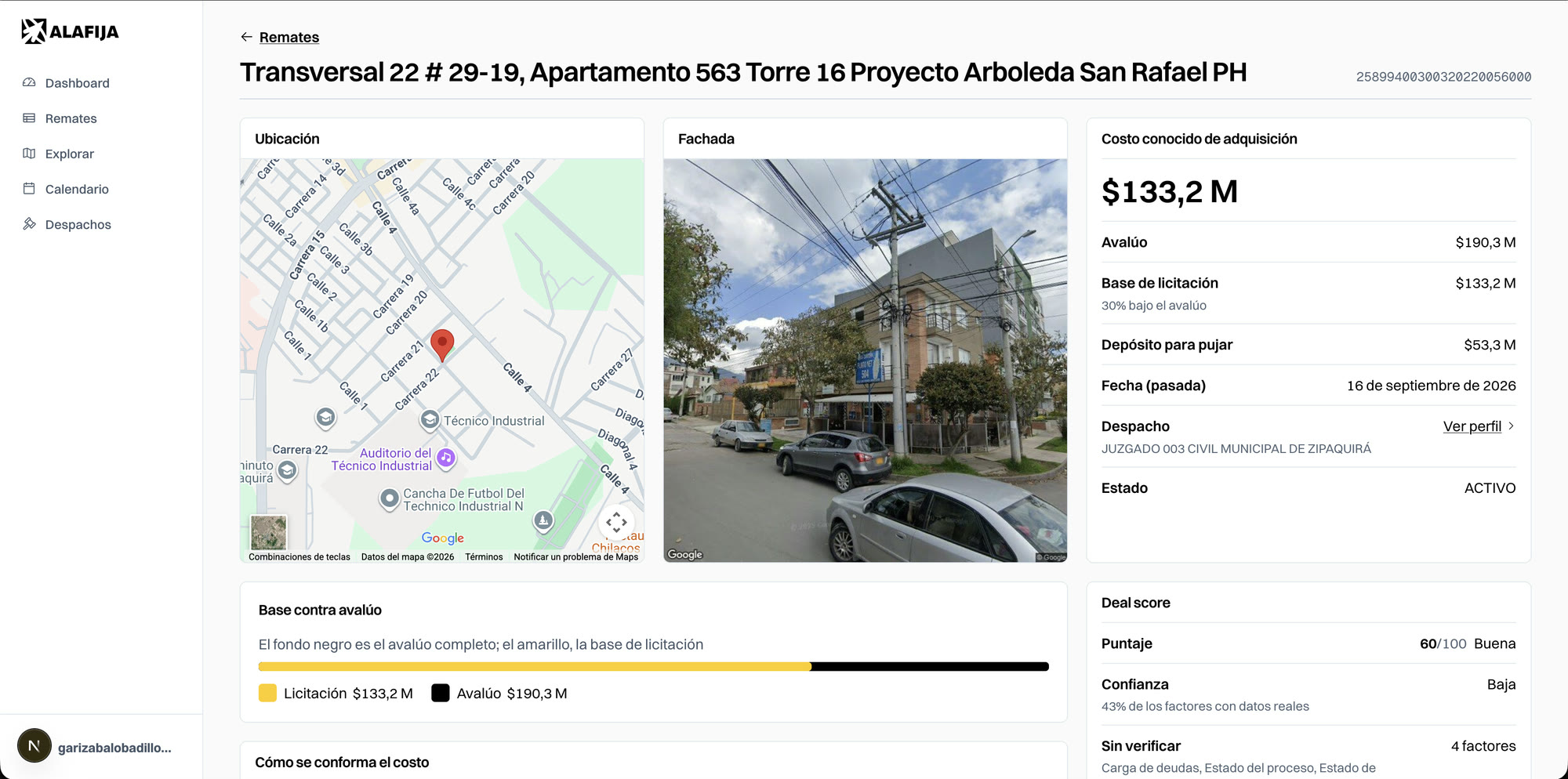 The listing detail view with a location map, Street View facade, acquisition cost breakdown, a base against appraisal bar, and a deal score of 60 out of 100 with low confidence and four unverified factors