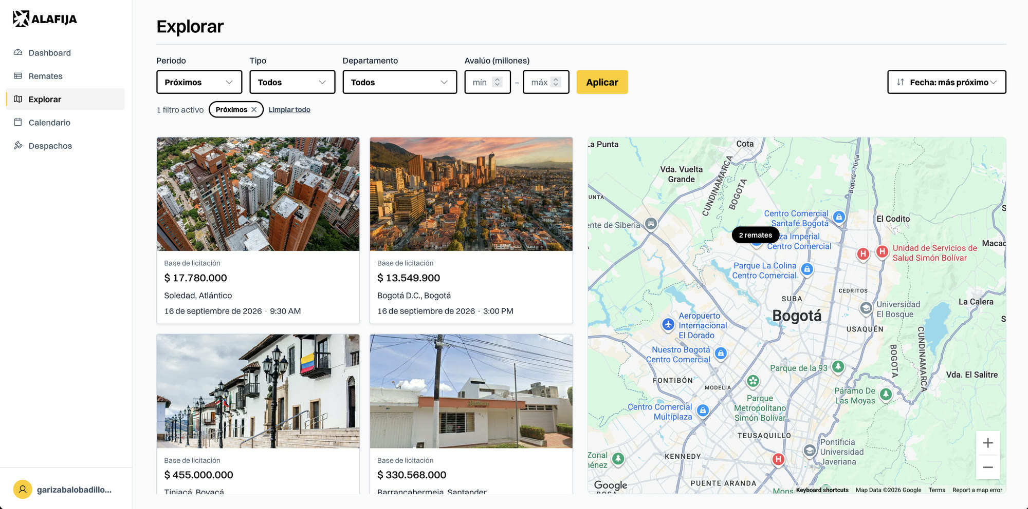 The Explorar view with filter bar, photo cards showing base bid and hearing date, and a clustered Google map of Bogotá