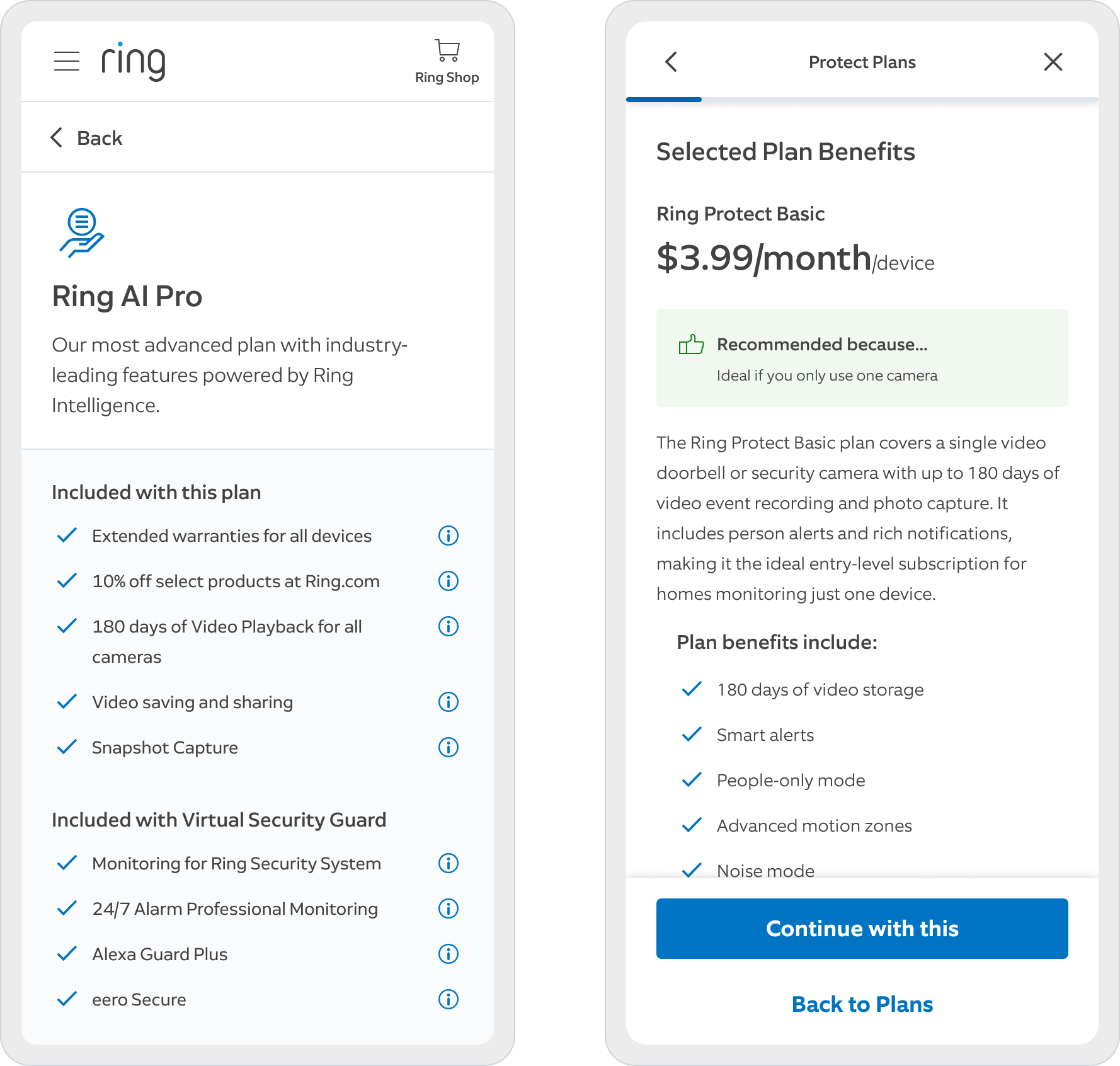 The legacy plan page listing fourteen features in a flat checklist, beside the redesigned page leading with a reason for the recommendation