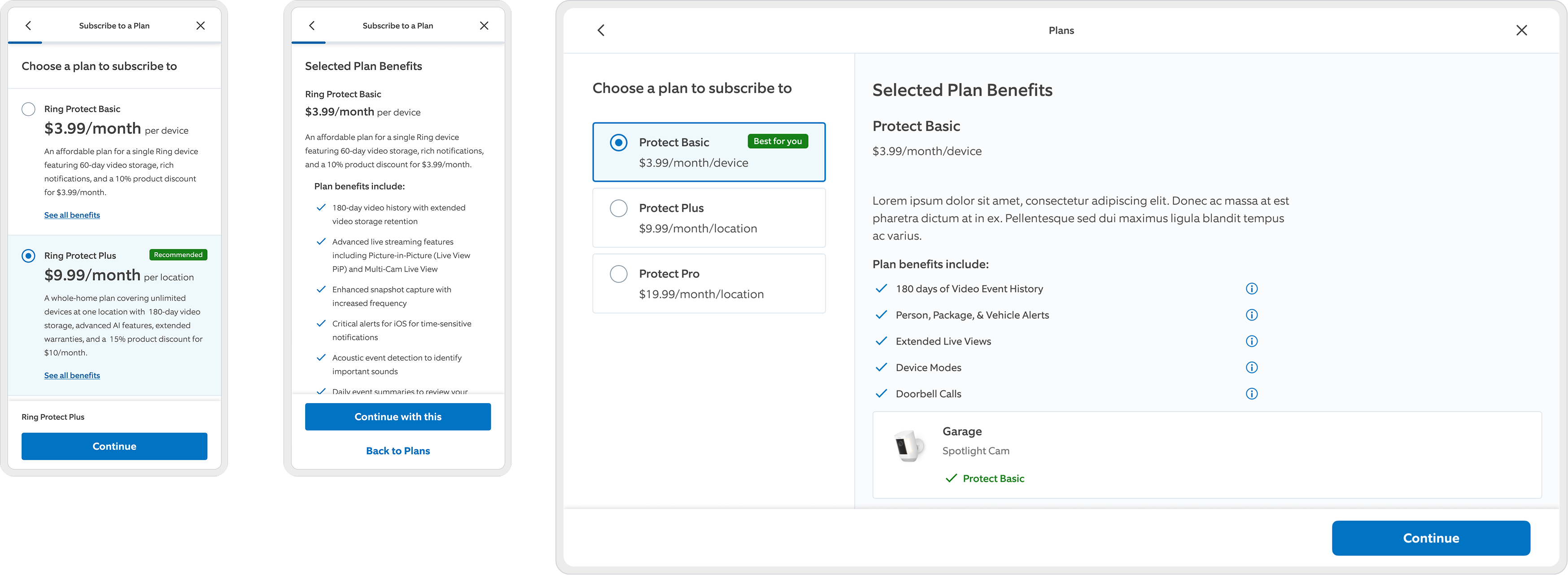 The legacy plan selection on two mobile screens and on desktop, every plan described in dense paragraphs of technical copy