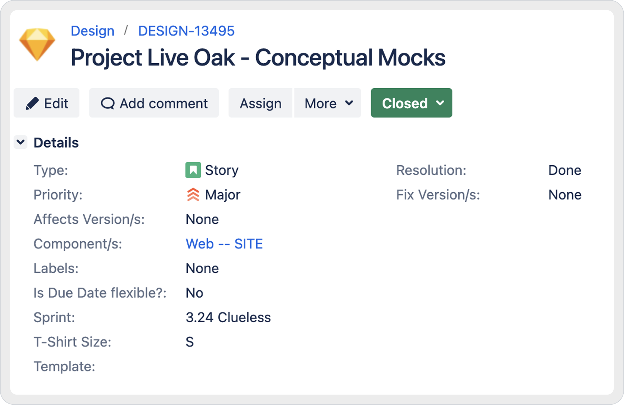 The original Jira story for Project Live Oak, typed as a Story with T-shirt size S