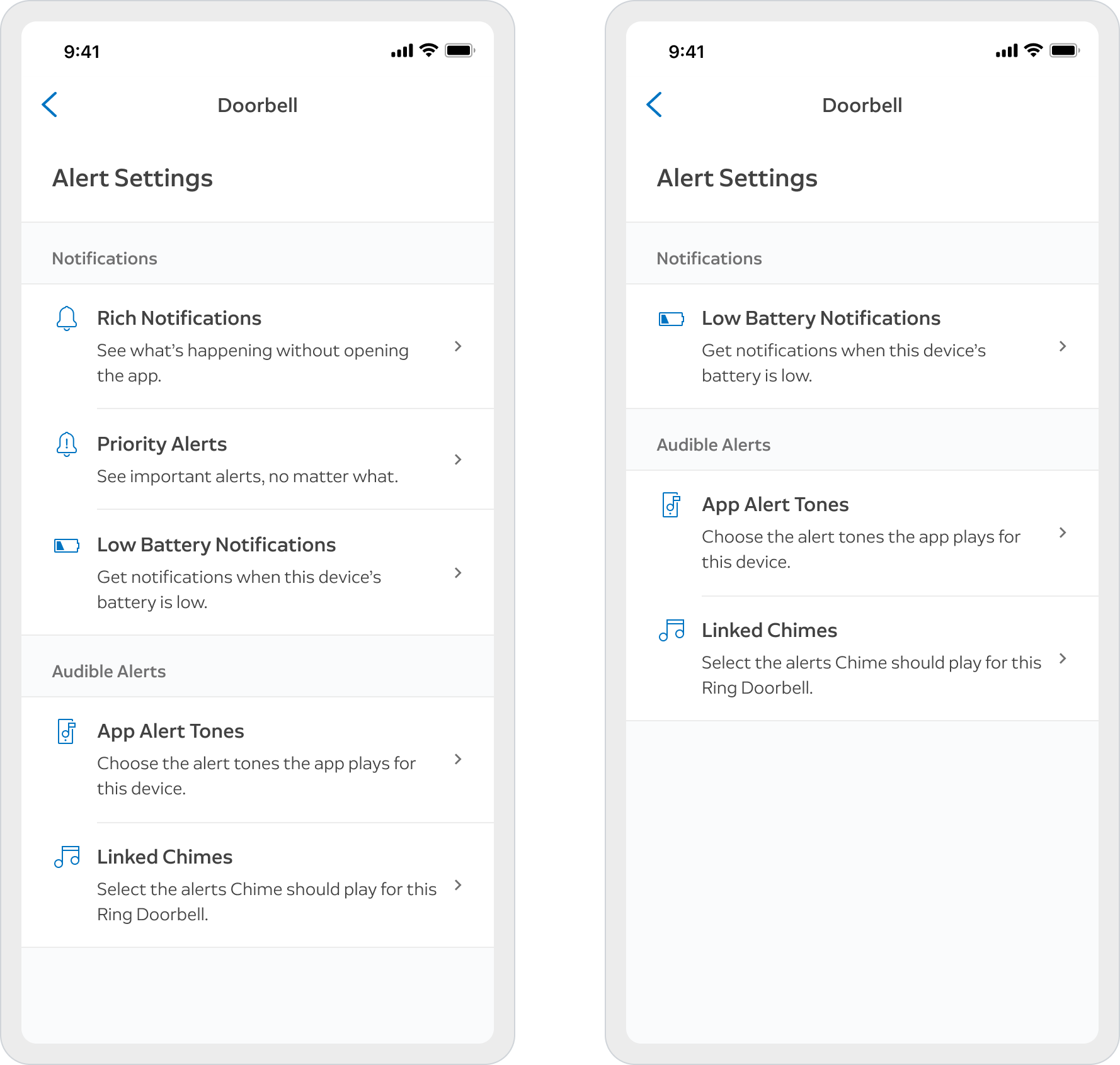 Alert Settings for the same doorbell on a subscribed and an unsubscribed account, where the premium rows are absent