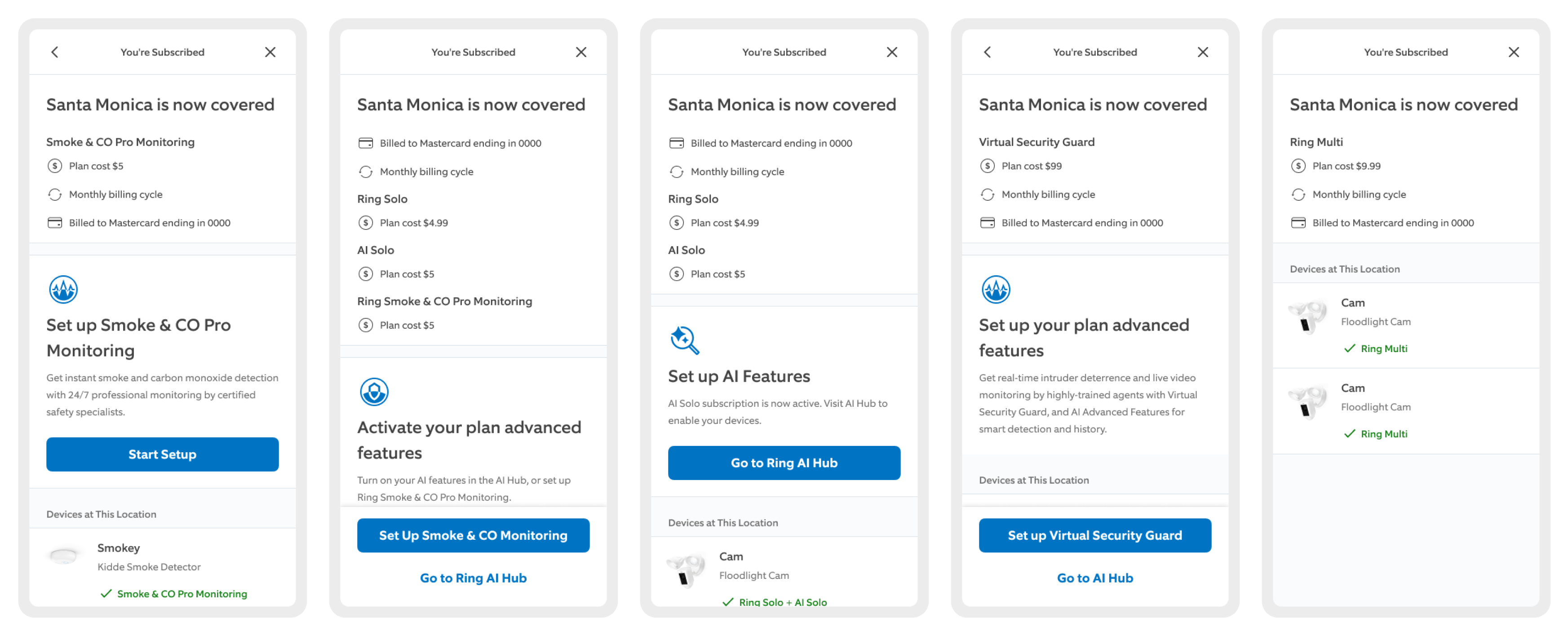 Five of the twenty-four post-purchase success screens, each ending in the setup step for what was just bought
